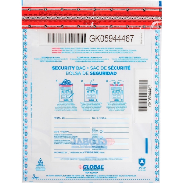 Global Industrial FraudStopper Tamper Evident Deposit Bag, 9W x 12H, Clear, 100PK 320837 - main